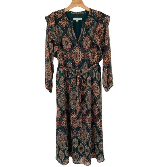 LOFT dress midi Womens Sz Large petite Boho medallion Patterned Belt Green long - Picture 2 of 12